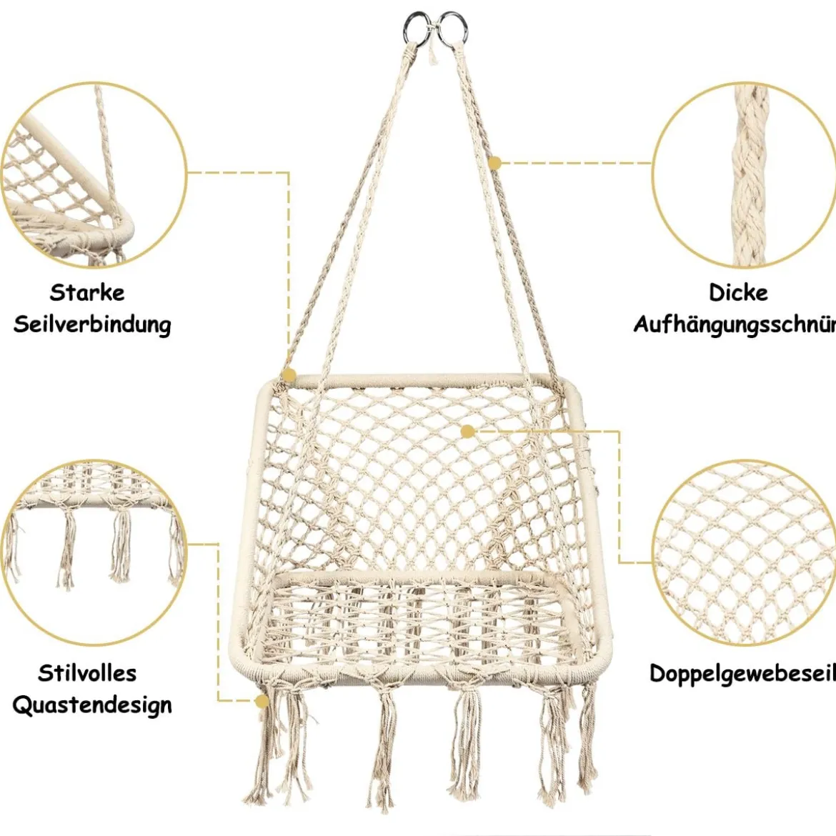 Hängesessel Makramee Hängestuhl Hängesitz Hängeschaukel Swing Sessel 120 kg Tragkraft