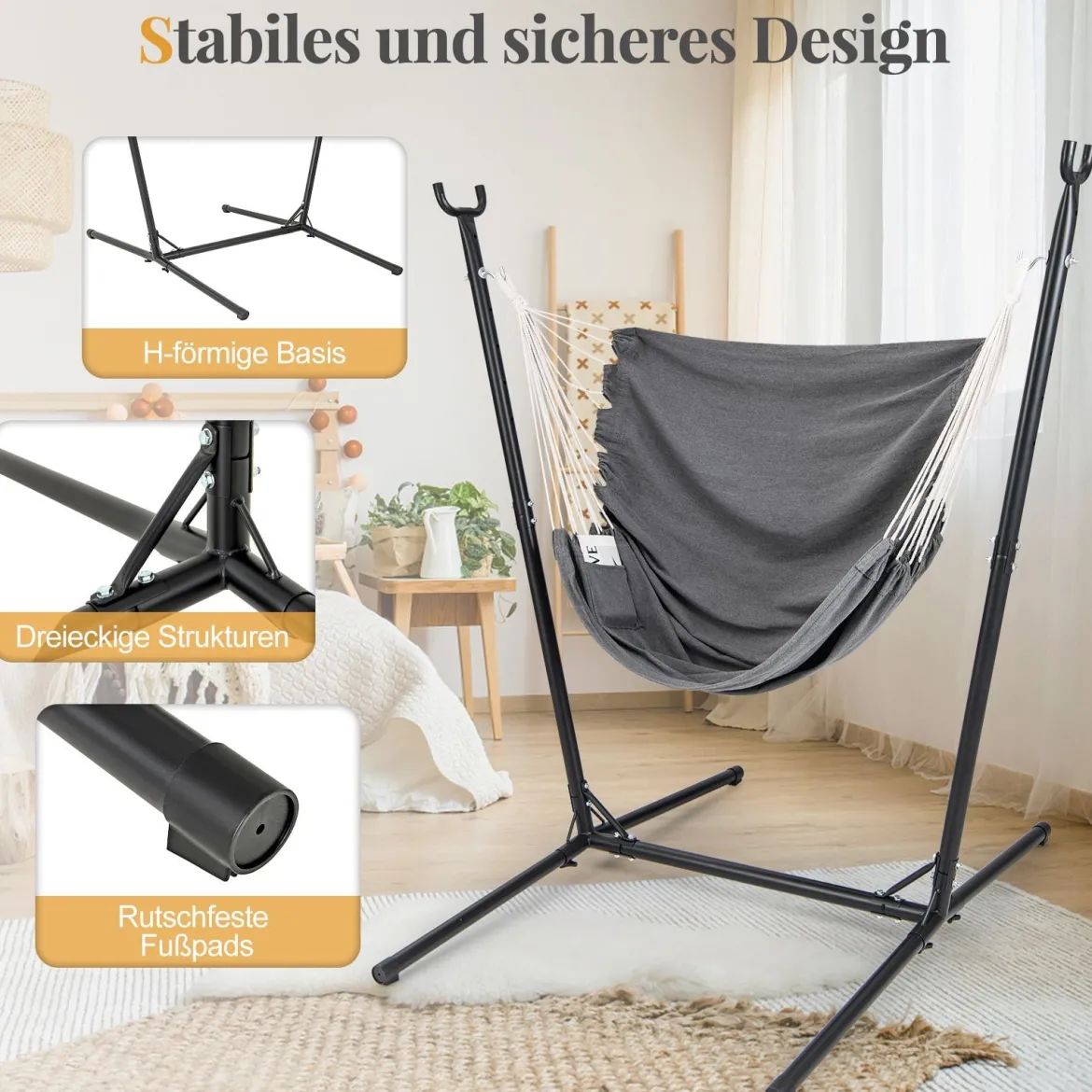 Hängesessel mit Gestell Hängeschaukel 6-fach höhenverstellbar mit Seitentasche Hängestuhl Bis 120kg belastbar