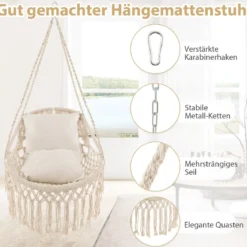 Hängesessel mit 2 Kissen Hängestuhl bis 150 kg belastbar 101 x 69 cm Beige