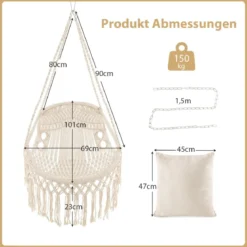 Hängesessel mit 2 Kissen Hängestuhl bis 150 kg belastbar 101 x 69 cm Beige