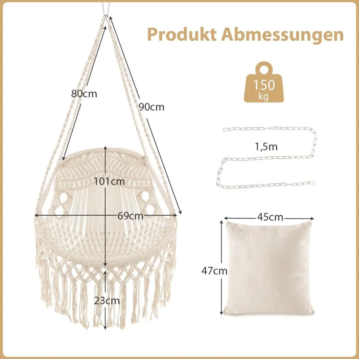 Hängesessel mit 2 Kissen Hängestuhl bis 150 kg belastbar 101 x 69 cm Beige