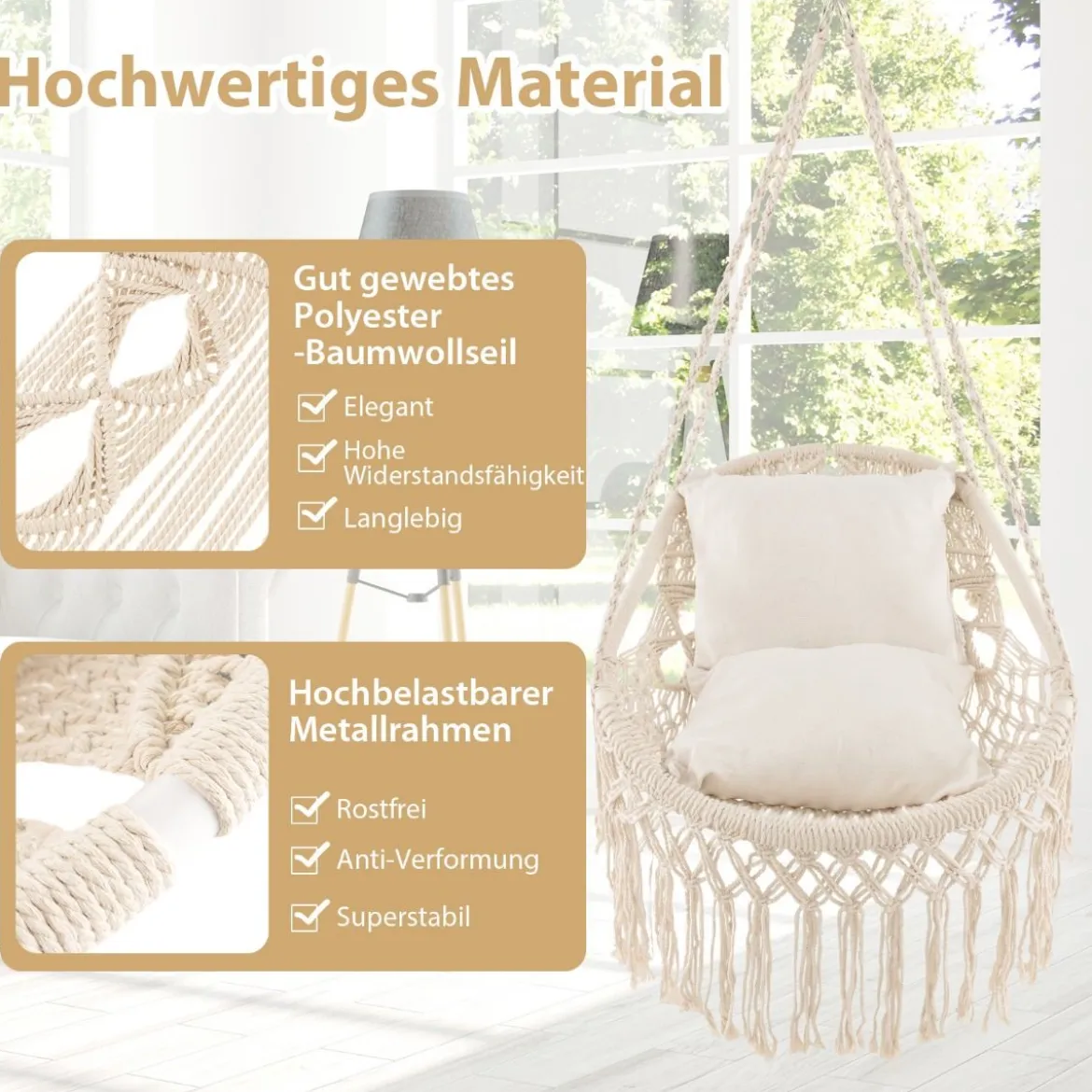 Hängesessel mit 2 Kissen Hängestuhl bis 150 kg belastbar 101 x 69 cm Beige
