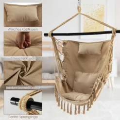 Hängesessel mit 3 Kissen Schaukelsessel mit Seil zum Aufhängen bis 150kg Belastbar Beige