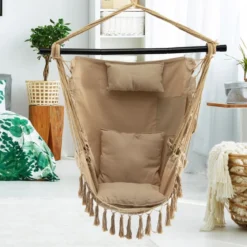 Hängesessel mit 3 Kissen Schaukelsessel mit Seil zum Aufhängen bis 150kg Belastbar Beige
