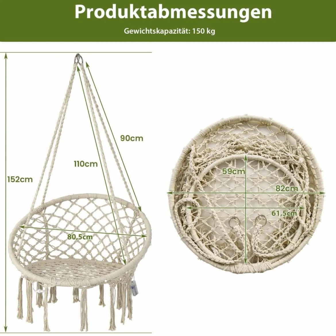 Hängesessel mit LED-Leuchten bis 150 kg belastbar Sitzfläche ca. Ø 60 cm Hängestuhl Milchweiß