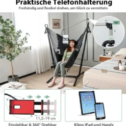 Hängesessel mit Ständer höhenverstellbarer Hängesitz mit Kissen 152 x 107 x 96–146 cm Tragbarkeit bis zu 250 kg Grau