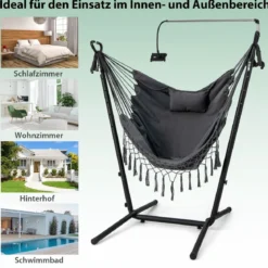 Hängesessel mit Ständer höhenverstellbarer Hängesitz mit Kissen 152 x 107 x 96–146 cm Tragbarkeit bis zu 250 kg Grau
