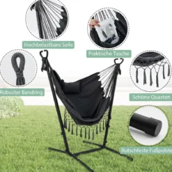 Hängesessel mit Ständer höhenverstellbarer Hängesitz mit Kissen 152 x 107 x 96–146 cm Tragbarkeit bis zu 250 kg Grau
