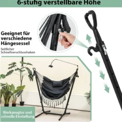 Hängesessel mit Ständer höhenverstellbarer Hängesitz mit Kissen 152 x 107 x 96–146 cm Tragbarkeit bis zu 250 kg Grau