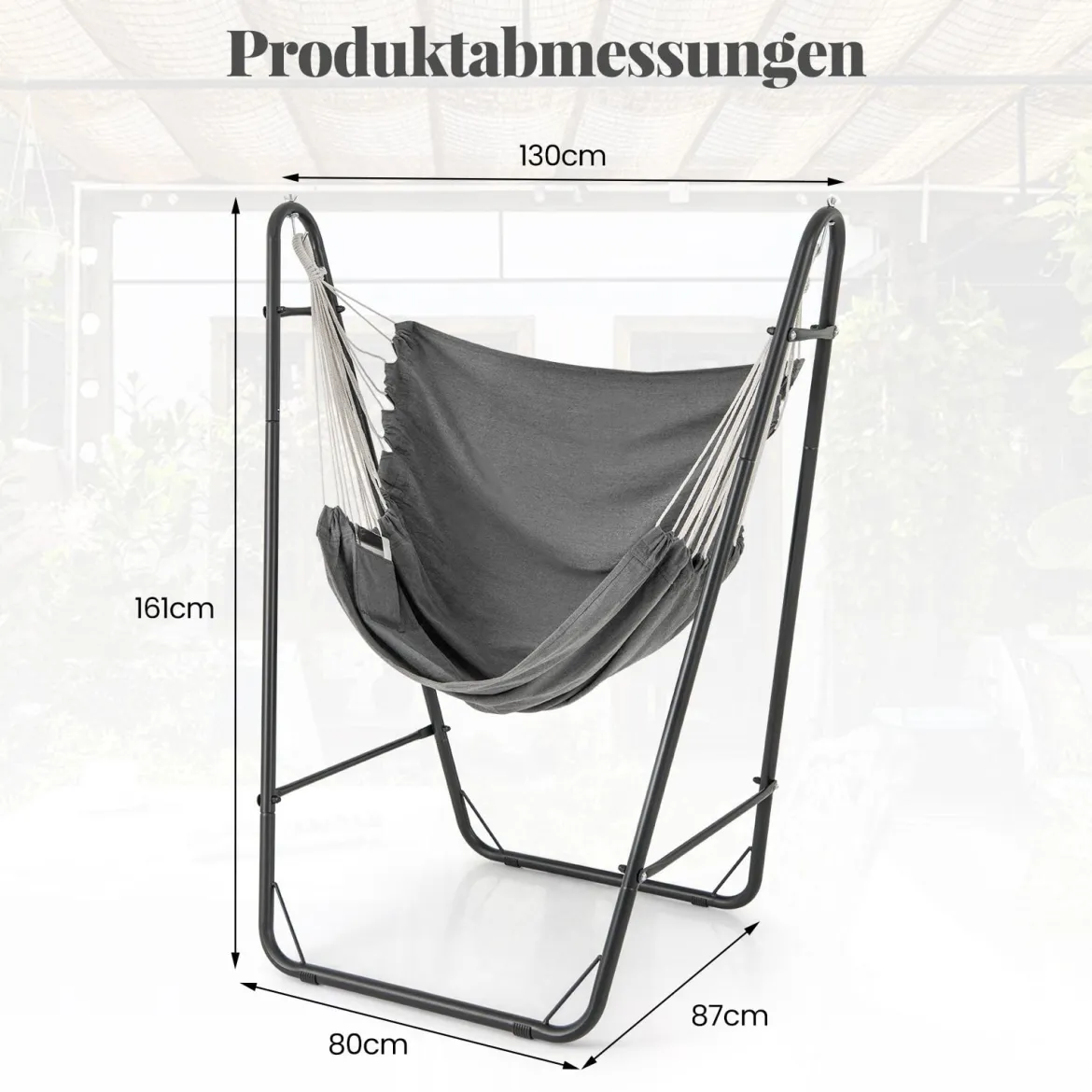 Hängesessel mit u-förmiger Gestell Hängeschaukel aus Baumwolle-Polyester mit Seitentasche Grau