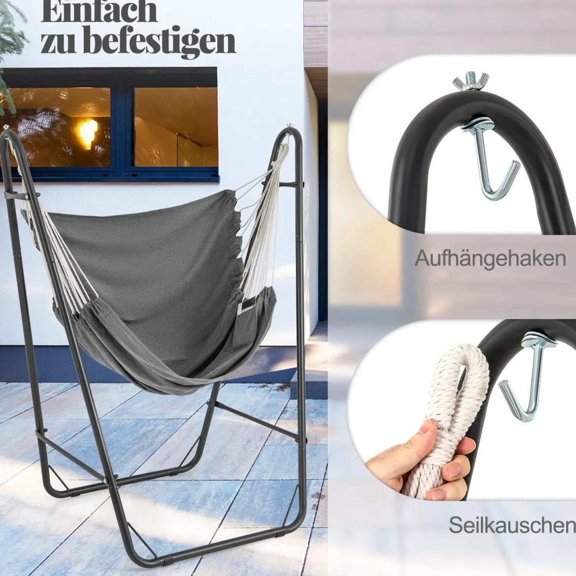 Hängesessel mit u-förmiger Gestell Hängeschaukel aus Baumwolle-Polyester mit Seitentasche Grau