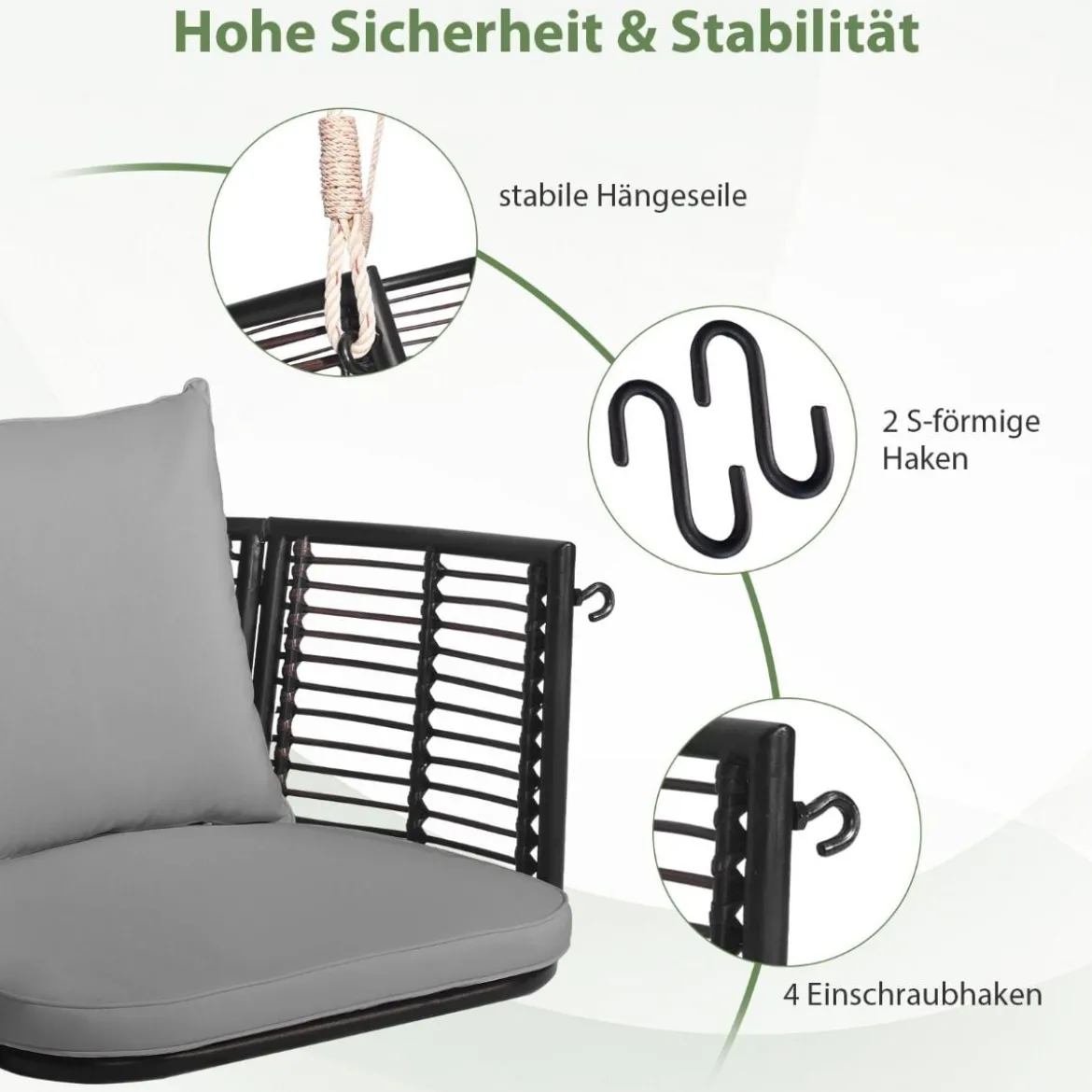 Hängesessel Rattan bis 180kg belastbar Hängesitz mit Kissens & Metallrahmen