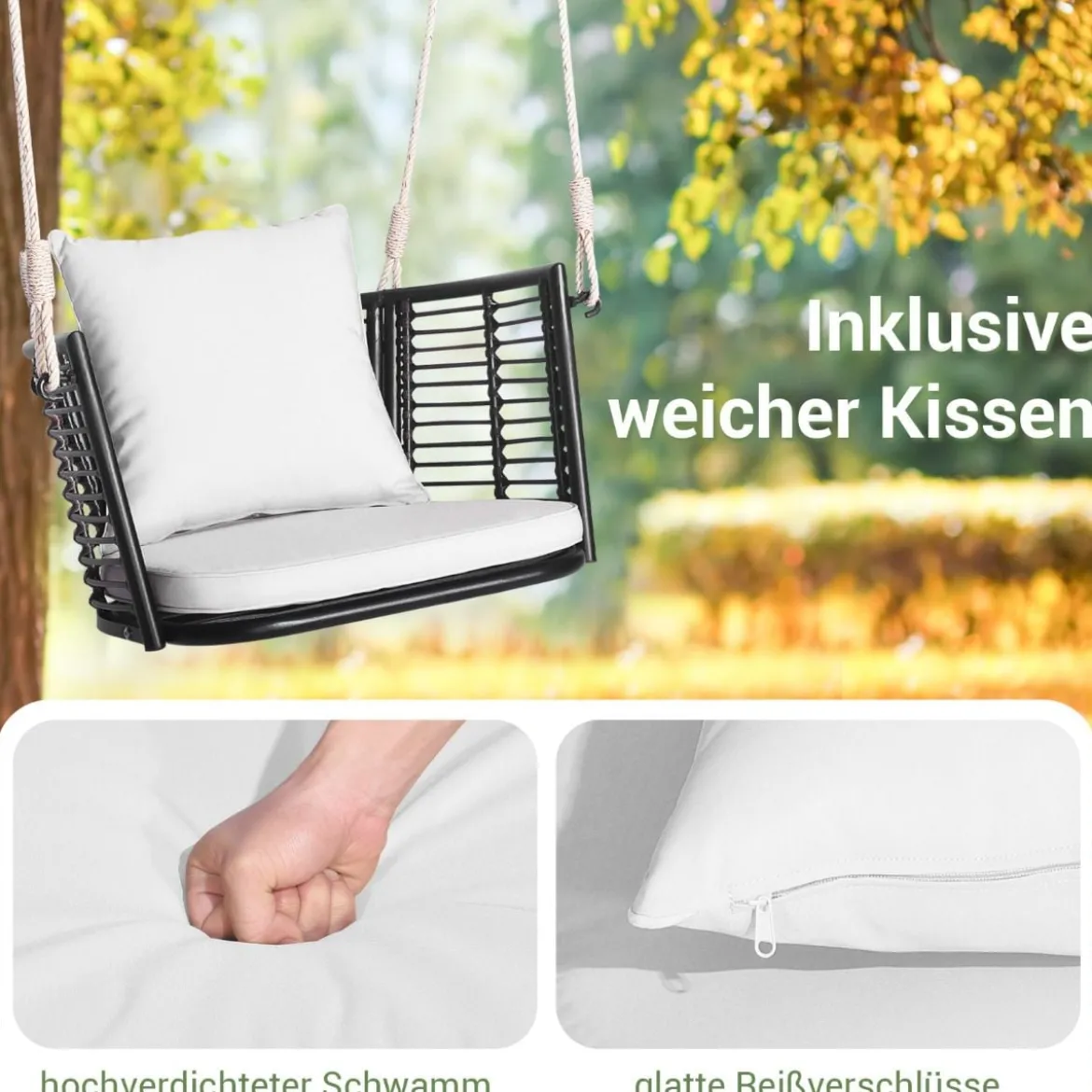 Hängesessel Rattan bis 180kg belastbar Hängesitz mit Kissens & Metallrahmen