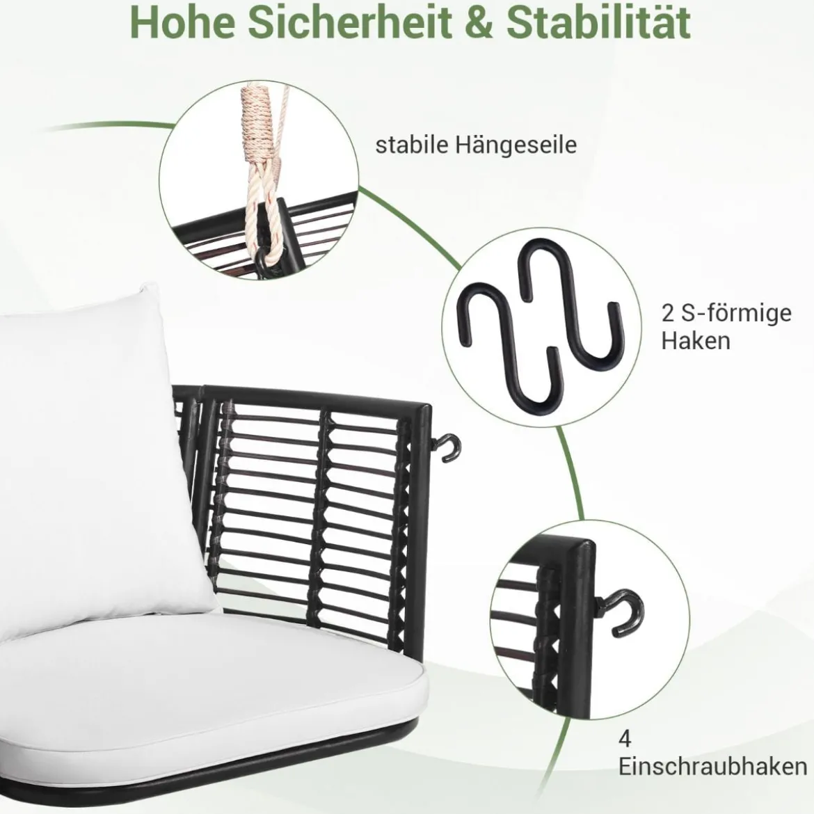 Hängesessel Rattan bis 180kg belastbar Hängesitz mit Kissens & Metallrahmen