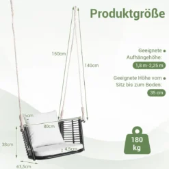 Hängesessel Rattan bis 180kg belastbar Hängesitz mit Kissens & Metallrahmen