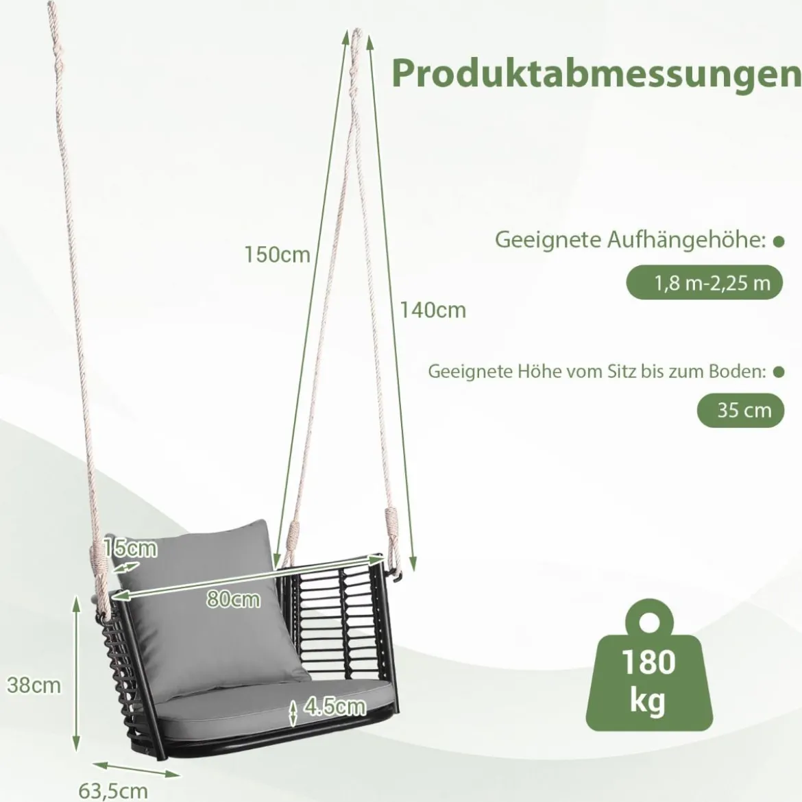 Hängesessel Rattan bis 180kg belastbar Hängesitz mit Kissens & Metallrahmen