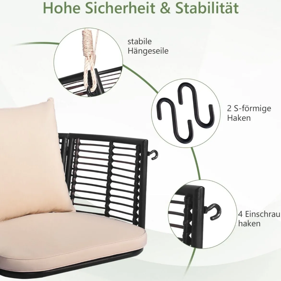 Hängesessel Rattan bis 180kg belastbar Hängesitz mit Kissens & Metallrahmen