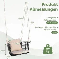 Hängesessel Rattan bis 180kg belastbar Hängesitz mit Kissens & Metallrahmen