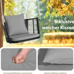Hängesessel Rattan bis 180kg belastbar Hängesitz mit Kissens & Metallrahmen