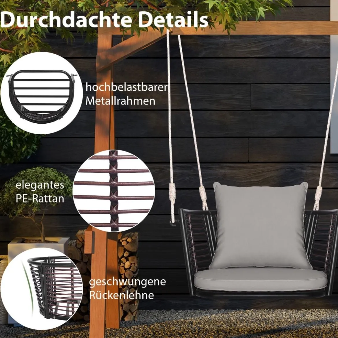 Hängesessel Rattan bis 180kg belastbar Hängesitz mit Kissens & Metallrahmen