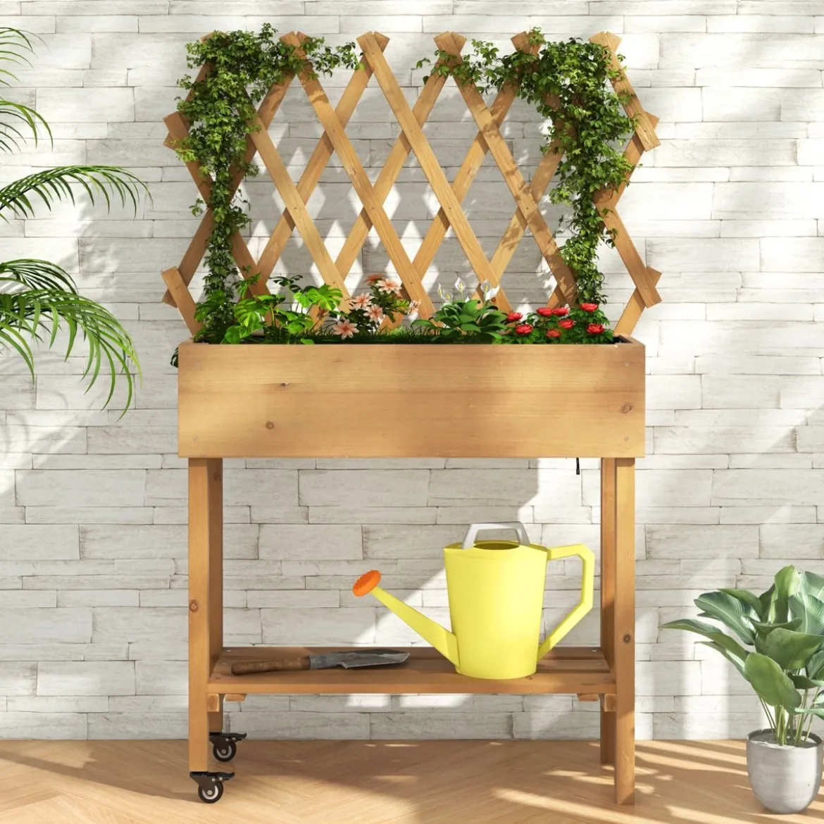 Hochbeet auf Rollen mit Ablage & Spalier & Stoffauskleidung Blumenbeet 90 x 29 x 129 cm