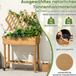 Hochbeet auf Rollen mit Ablage & Spalier & Stoffauskleidung Blumenbeet 90 x 29 x 129 cm