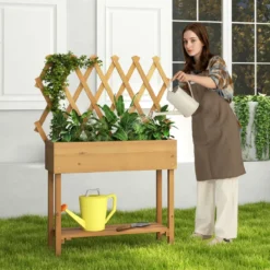 Hochbeet auf Rollen mit Ablage & Spalier & Stoffauskleidung Blumenbeet 90 x 29 x 129 cm