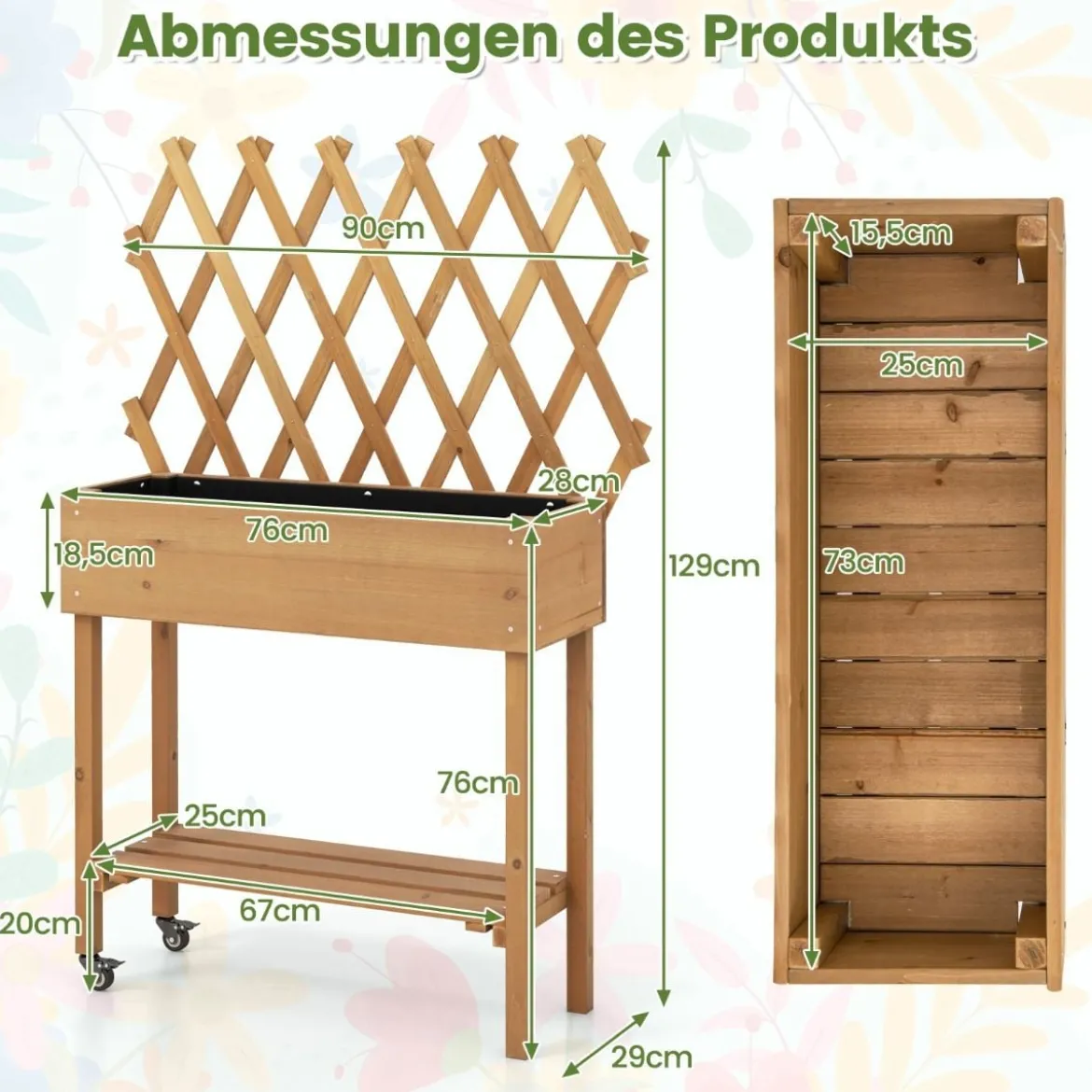 Hochbeet auf Rollen mit Ablage & Spalier & Stoffauskleidung Blumenbeet 90 x 29 x 129 cm