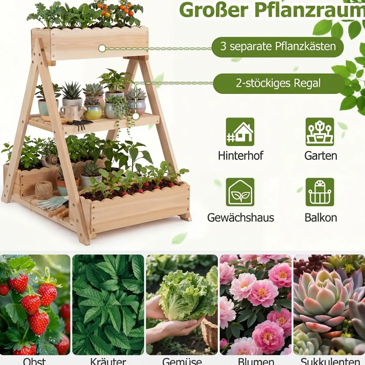 Hochbeet aus Holz mit 3 Etagen Vertikales Blumenbeet mit 3 Pflanzkästen & 2 Ablagen
