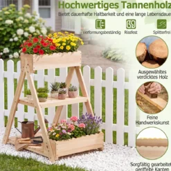 Hochbeet aus Holz mit 3 Etagen Vertikales Blumenbeet mit 3 Pflanzkästen & 2 Ablagen