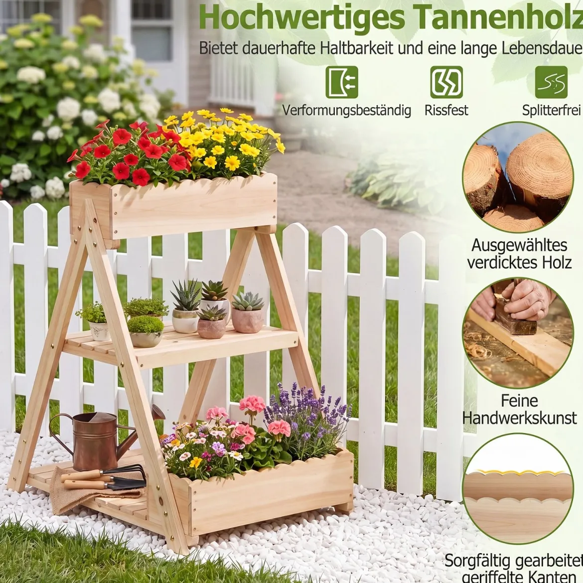 Hochbeet aus Holz mit 3 Etagen Vertikales Blumenbeet mit 3 Pflanzkästen & 2 Ablagen