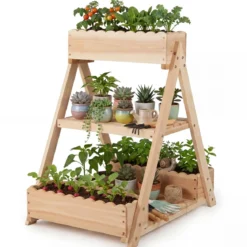 Hochbeet aus Holz mit 3 Etagen Vertikales Blumenbeet mit 3 Pflanzkästen & 2 Ablagen
