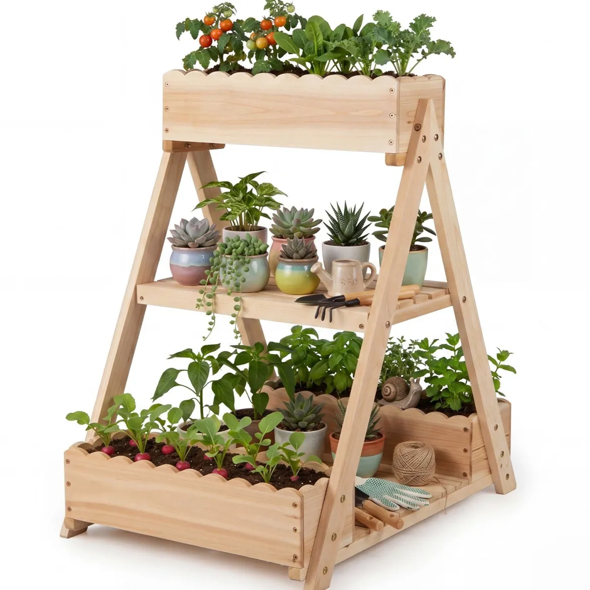 Hochbeet aus Holz mit 3 Etagen Vertikales Blumenbeet mit 3 Pflanzkästen & 2 Ablagen