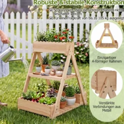 Hochbeet aus Holz mit 3 Etagen Vertikales Blumenbeet mit 3 Pflanzkästen & 2 Ablagen