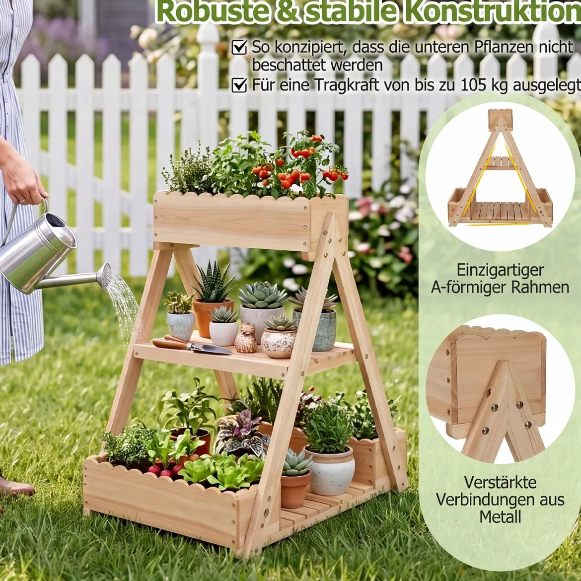 Hochbeet aus Holz mit 3 Etagen Vertikales Blumenbeet mit 3 Pflanzkästen & 2 Ablagen