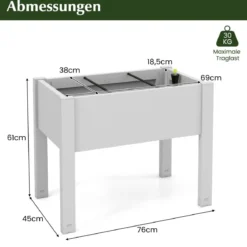 Hochbeet aus Kunststoff Gartenbeet selbstbewässernd 53L 76 x 45 x 61 cm Weiß