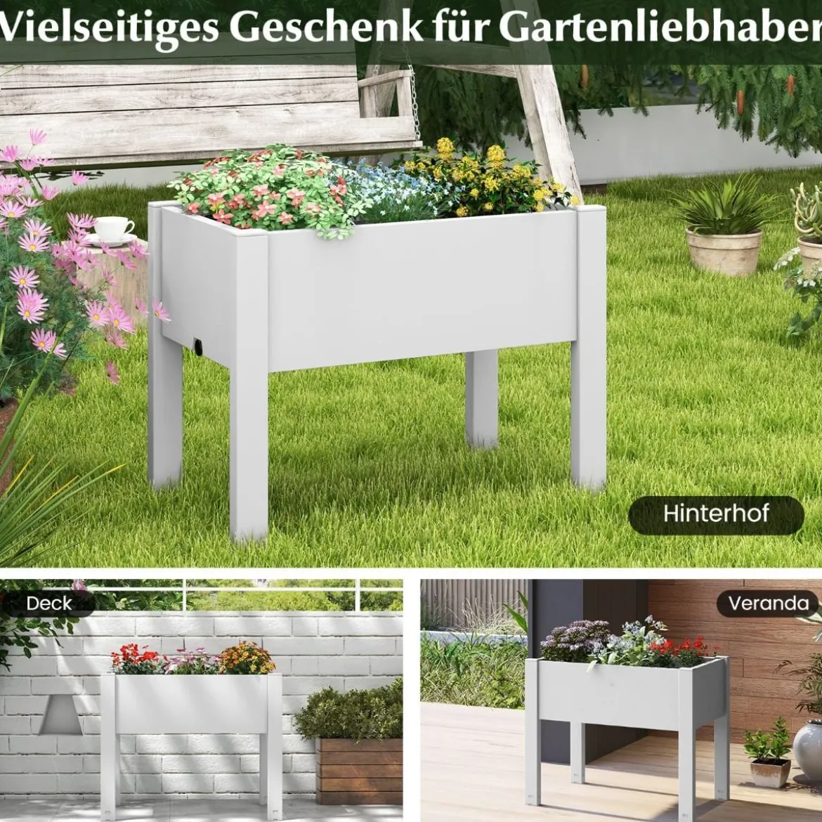 Hochbeet aus Kunststoff Gartenbeet selbstbewässernd 53L 76 x 45 x 61 cm Weiß