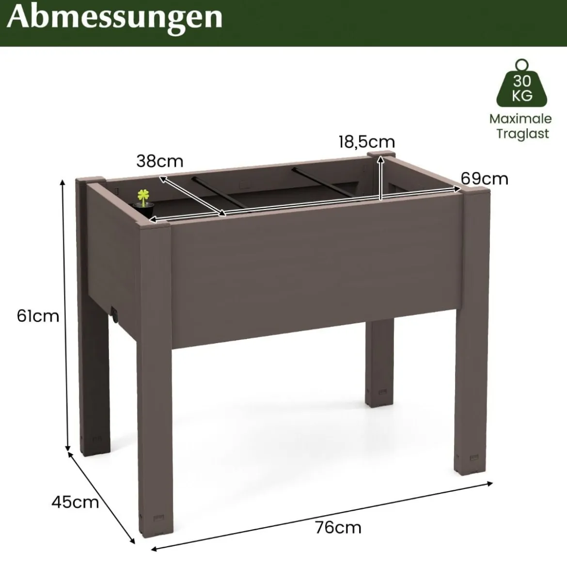 Hochbeet aus Kunststoff Gartenbeet selbstbewässernd 53L 76 x 45 x 61 cm Kaffee