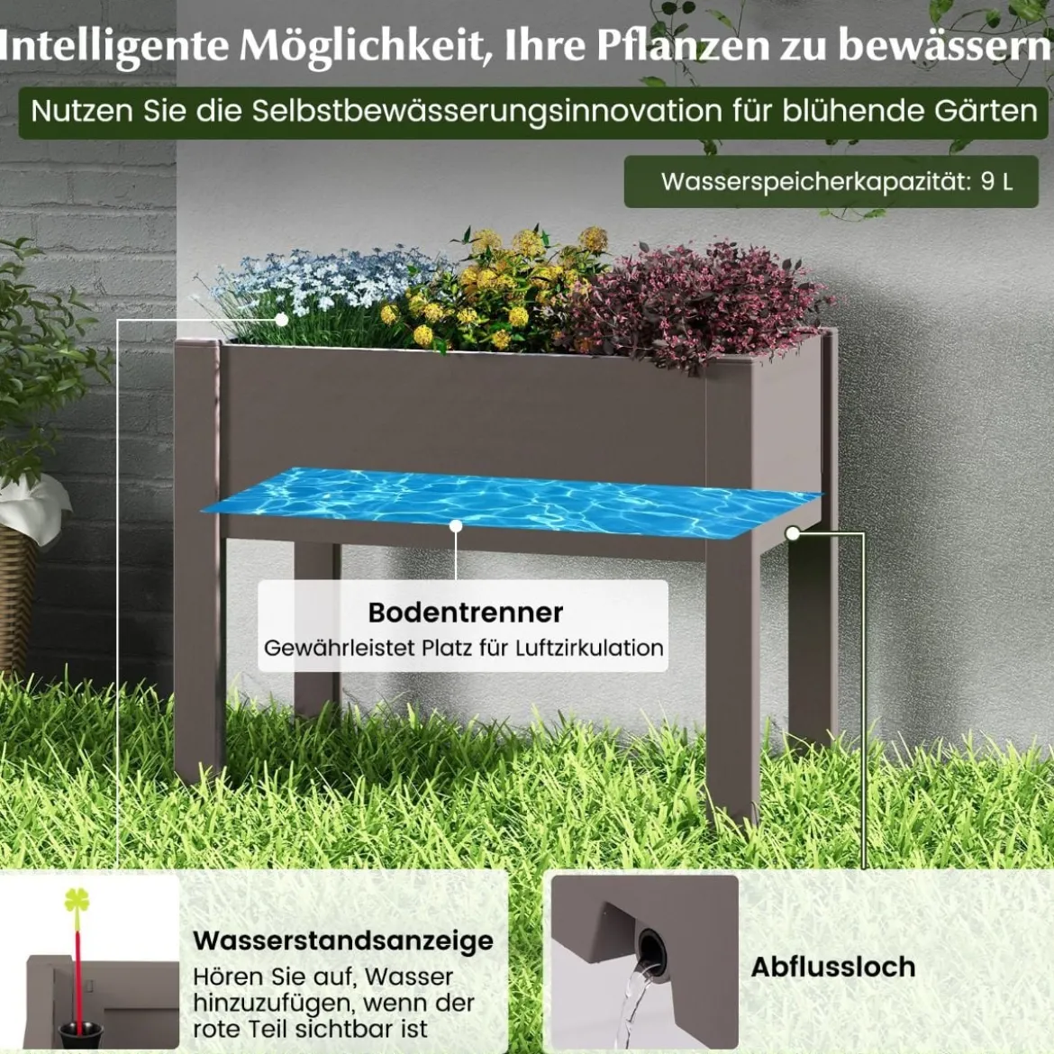 Hochbeet aus Kunststoff Gartenbeet selbstbewässernd 53L 76 x 45 x 61 cm Kaffee