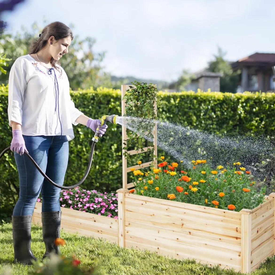 Hochbeet aus Tannenholz mit Rankgitter Blumenkasten mit Spalier Gartenspalier mit Rankkasten