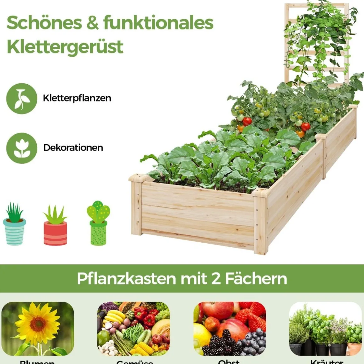 Hochbeet aus Tannenholz mit Rankgitter Pflanzkasten Gartenspalier 235 x 63 x 102 cm Natur