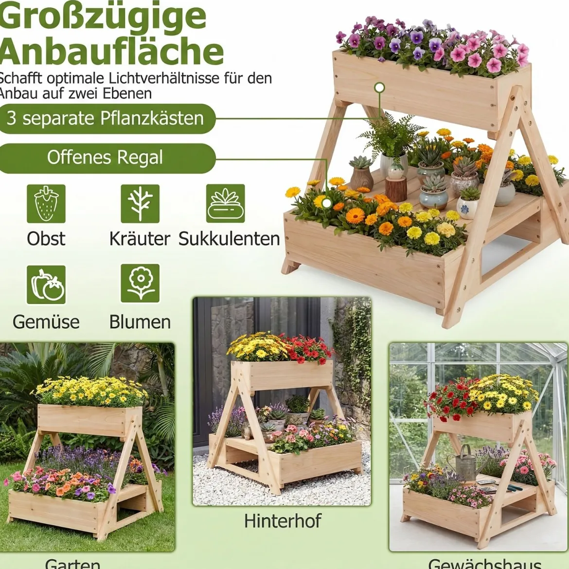 Hochbeet aus Tannenholz Pflanztreppe mit 3 Getrennten Pflanzkästen & Offene Ablage