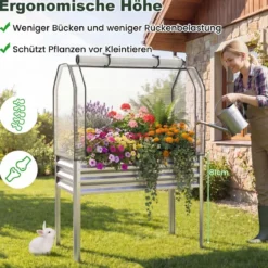 Hochbeet aus Verzinktem Metall mit PE-Abdeckung Erhöhtes Gartenbeet Schwarz/Grau/Silber