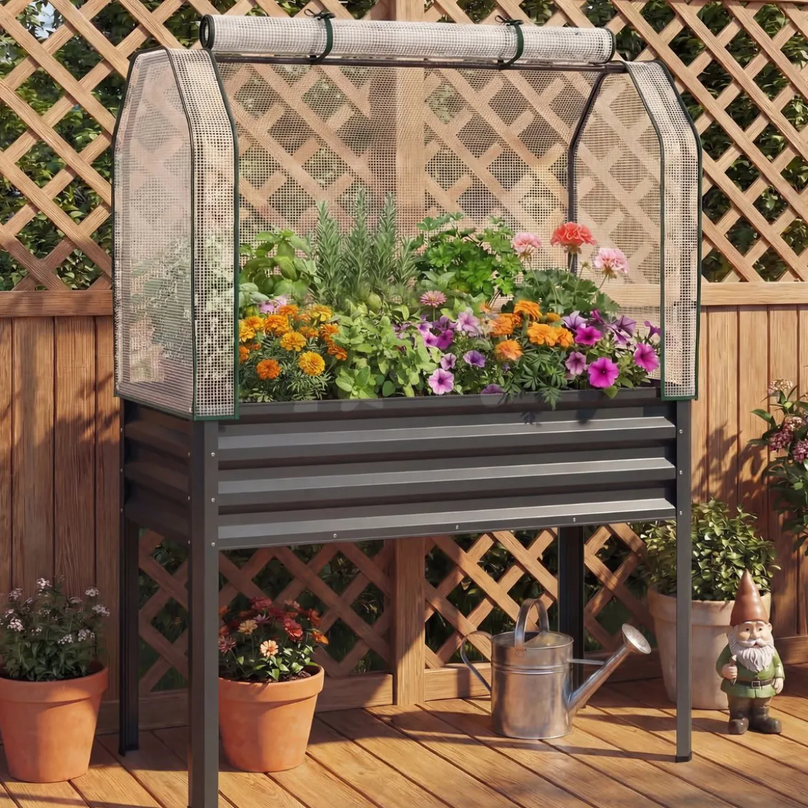 Hochbeet aus Verzinktem Metall mit PE-Abdeckung Erhöhtes Gartenbeet Schwarz/Grau/Silber