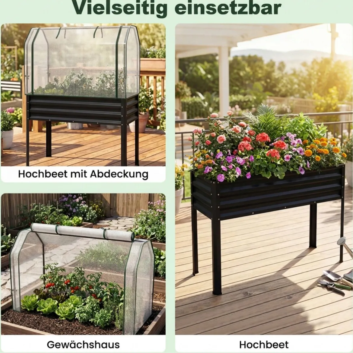 Hochbeet aus Verzinktem Metall mit PE-Abdeckung Erhöhtes Gartenbeet Schwarz/Grau/Silber