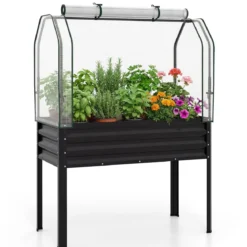 Hochbeet aus Verzinktem Metall mit PE-Abdeckung Erhöhtes Gartenbeet Schwarz/Grau/Silber