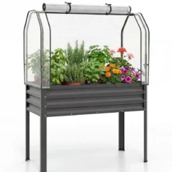 Hochbeet aus Verzinktem Metall mit PE-Abdeckung Erhöhtes Gartenbeet Schwarz/Grau/Silber