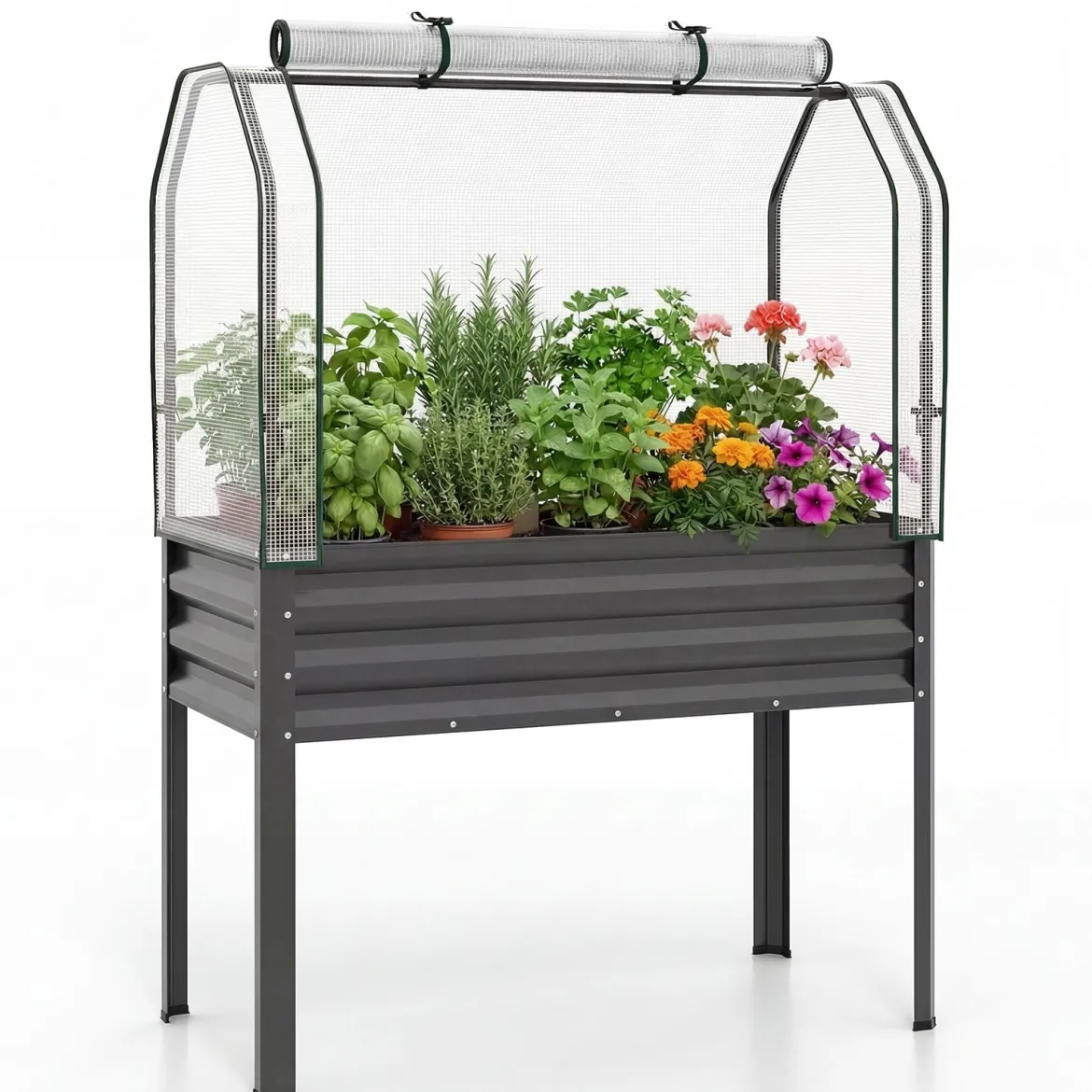 Hochbeet aus Verzinktem Metall mit PE-Abdeckung Erhöhtes Gartenbeet Schwarz/Grau/Silber