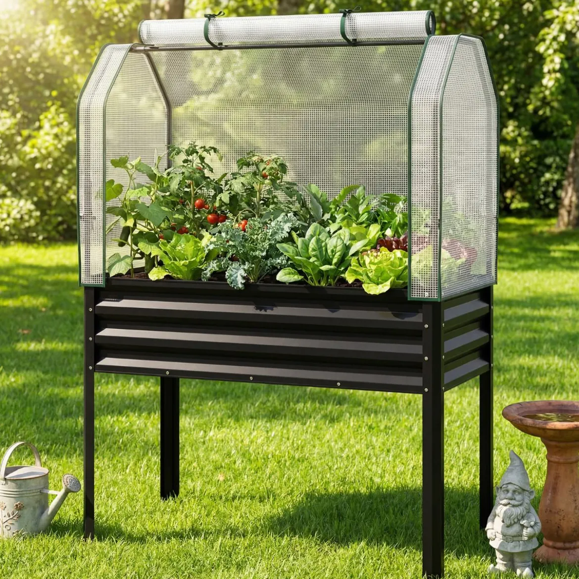 Hochbeet aus Verzinktem Metall mit PE-Abdeckung Erhöhtes Gartenbeet Schwarz/Grau/Silber