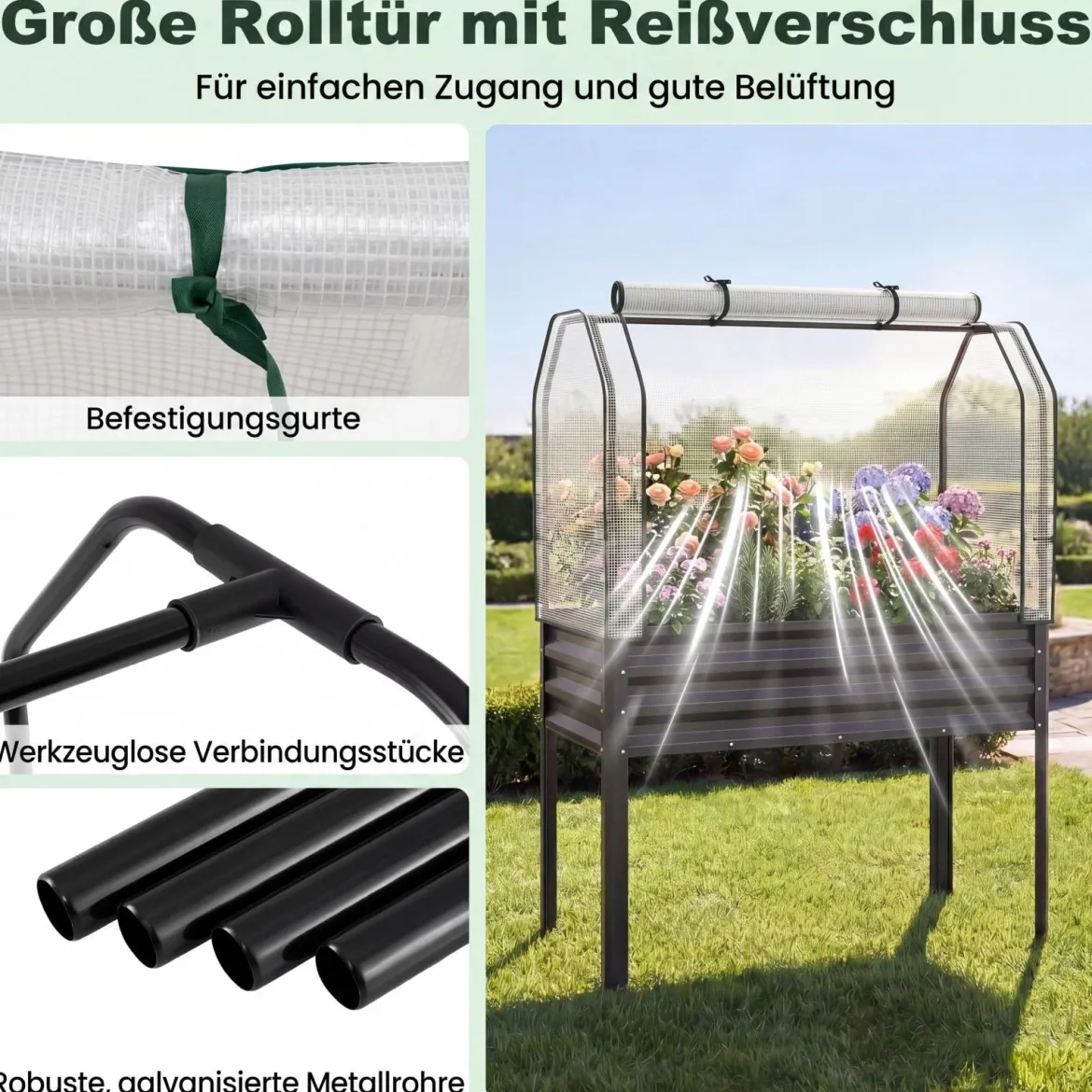 Hochbeet aus Verzinktem Metall mit PE-Abdeckung Erhöhtes Gartenbeet Schwarz/Grau/Silber